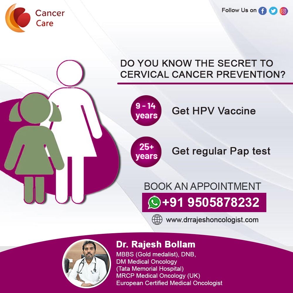 The most important things one can do to help prevent #cervicalcancer are to get vaccinated against #HPV, have regular #screeningtests, and avoid #smoking.
Consult our Expert
Dr. Rajesh Bollam
#DrRajeshBollam #HematoOncologist #Hematolgist #Oncologist #Cancer #onlineconsultation