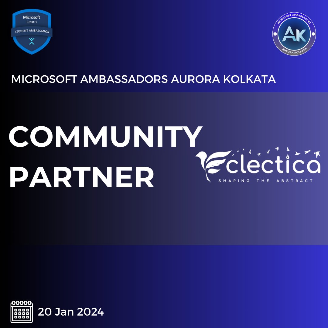 Thrilled to welcome Eclectica TMSL (<a href="/eclecticatmsl/">Eclectica TMSL</a>) as our community partner for Microsoft Ambassadors Aurora Kolkata. Get ready for a day of insightful sessions and networking.🌐🚀 
See you there! 
#MicrosoftAmbassadors #CommunityPartner