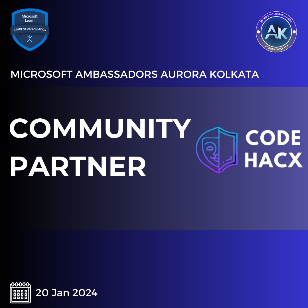Thrilled to welcome Codehacx as our community partner for Microsoft Ambassadors Aurora Kolkata. Get ready for a day of insightful sessions and meaningful networking.🌐🚀 
See you there!
#MicrosoftAmbassadors #CommunityPartner