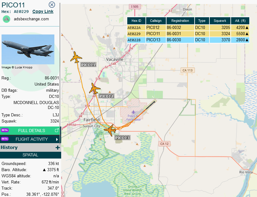 SirListenalot's tweet photo. #KC10's #AE0229 #AE022A #AE0228 as #PICO11-13 on a round trip out of Travis for AR with westbound #B1 Bones from Dyess (one B1 showed until 0815z) https://t.co/DGrB2181BY