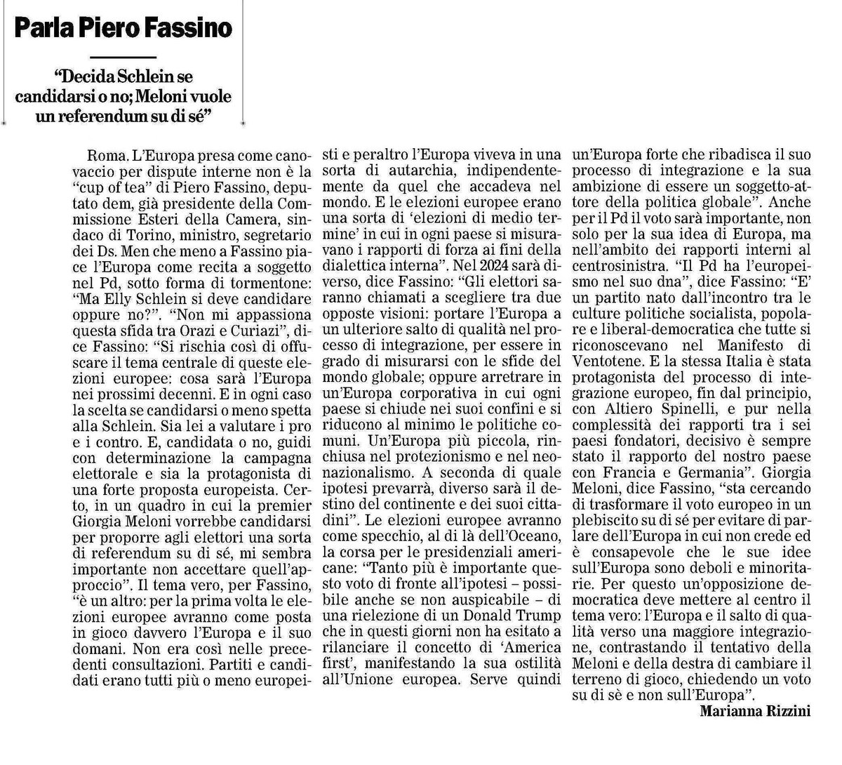 La #Meloni sta barando: vuole trasformare le elezioni #europee in un referendum su di sé. Lo fa perché lei non crede nell'Europa e sa che il suo euroscetticismo è visto con diffidenza e allarme in molte capitali dell'Unione.
La mia intervista a #IlFoglio 👇🏻