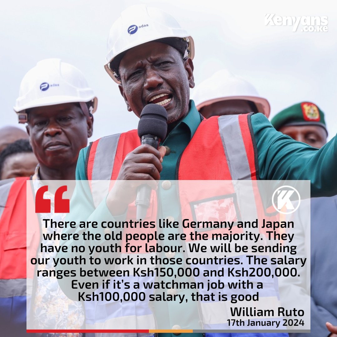 Kenyans's tweet photo. We will be sending our youth to work abroad. Even if it’s a watchman job with a Ksh100,000 salary, that is good - President Ruto https://t.co/lR5NyJbsra