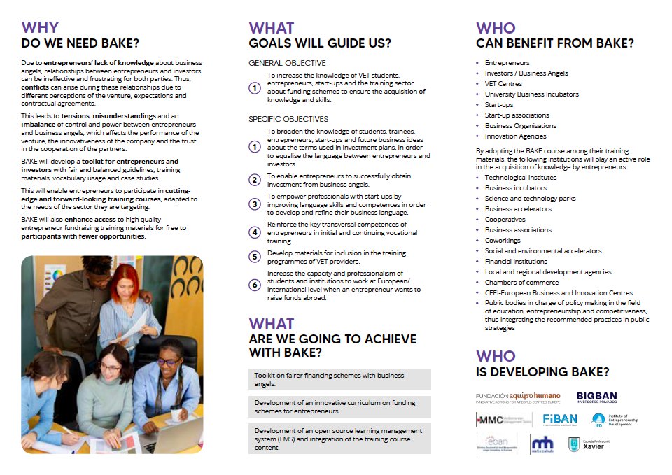 Discover the essence of the @BAKE__Project with this brochure! 📘

Dive into the details of how our project is revolutionising the startup landscape across the EU. 🇪🇺

#Entrepreneur #BusinessAngel #Entrepreneurship #Startup #ErasmusPlus #EUFunds @sepiegob