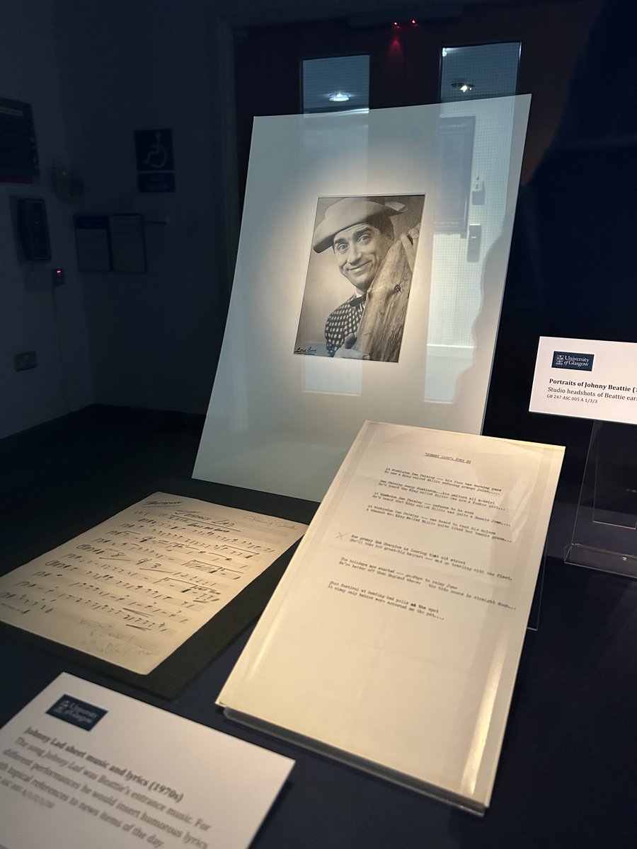 UofGlasgowASC's tweet photo. We have a new display in our level 12 foyer for the new year! Material from the archive of Johnny Beattie (1926-2020) - Glaswegian comedian, entertainer and actor 🎭🎤Catalogued last year with the help of @FriendsofGUL 🙏 #ASCMetadata #ASCatWork https://t.co/PckcWos96y