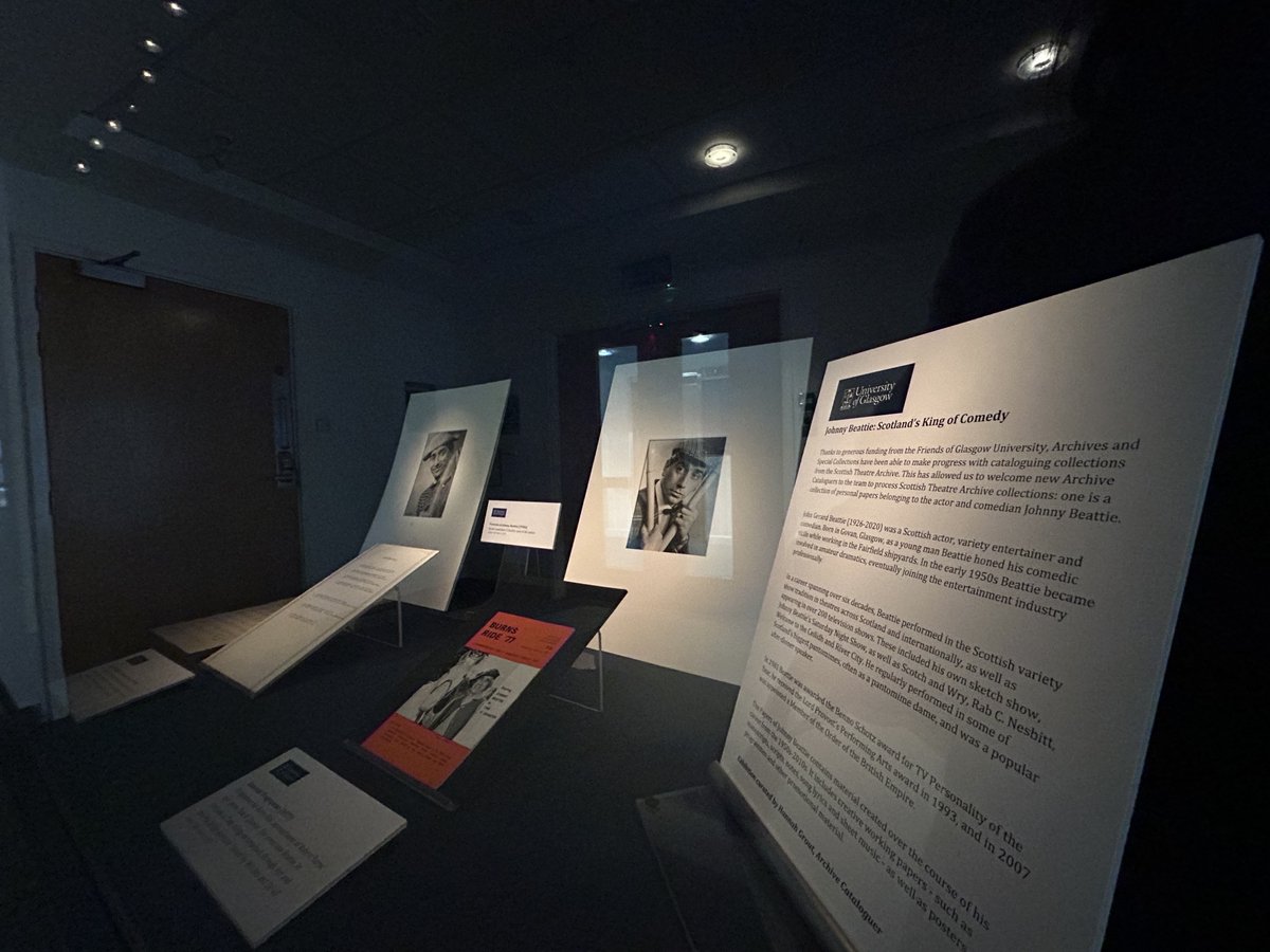 UofGlasgowASC's tweet photo. We have a new display in our level 12 foyer for the new year! Material from the archive of Johnny Beattie (1926-2020) - Glaswegian comedian, entertainer and actor 🎭🎤Catalogued last year with the help of @FriendsofGUL 🙏 #ASCMetadata #ASCatWork https://t.co/PckcWos96y