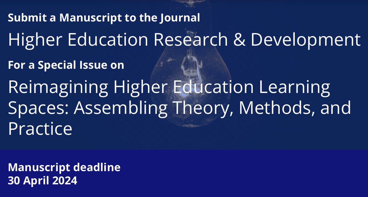 Call for papers for a special issue of @HERDJournal Reimagining Higher Education Learning Spaces: Assembling Theory, Methods, & Practice Editors @StephenM_NZ @SD_Elkington @Jill_Dickinson1 → think.taylorandfrancis.com/special_issues… Manuscripts by 30 April 2024 #HigherEd #LearningSpaces #CFP