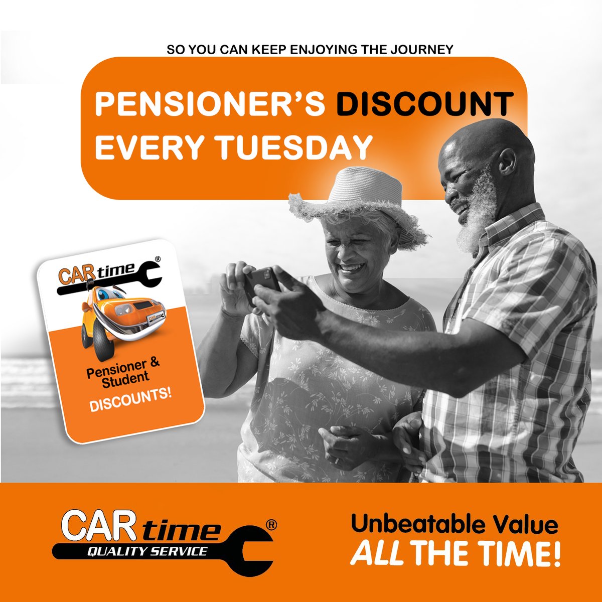 CARtime_ZA's tweet photo. At CARtime we value our seasoned road warriors! To show our appreciation, every Tuesday we offer an exclusive pensioner's discount on all vehicle servicing.
Pensioners enjoy those precious moments without breaking the bank.

#CARtime #CarServiceCentre #RMIApproved #BookNow https://t.co/KFItmOhxOx