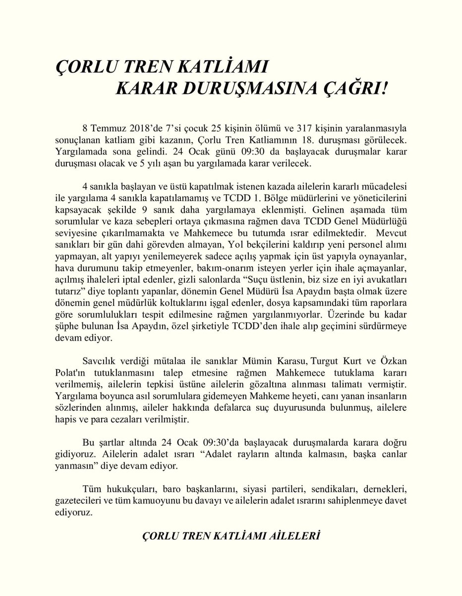 Haftaya bugün #CorluTrenKatliamı ‘nın karar duruşması var.
Kiminiz için ilk kez, kiminiz için son kez olmak üzere o gün Çorlu’da yanımızda olun. 
Adaleti birlikte sahiplenelim.
#ÇorluİçinAdalet