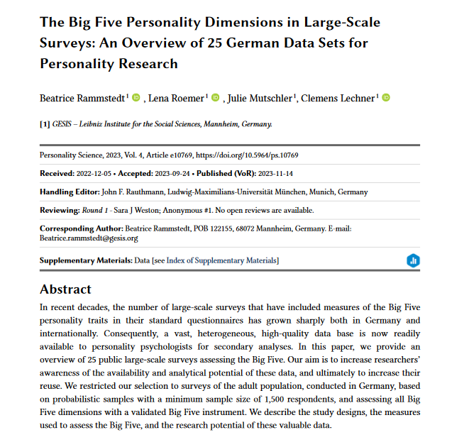 German Internet Panel (@gip_study) on Twitter photo Paper using GIP data published in Personality Science studying “The Big Five Personality Dimensions in Large-Scale Surveys” by Rammstedt, Roemer, Mutschler & Lechner (<a href="/gesis_org/">GESIS @gesisorg.bsky.social</a>) doi.org/10.5964/ps.107… Paper using GIP data published in Personality Science studying “The Big Five Personality Dimensions in Large-Scale Surveys” by Rammstedt, Roemer, Mutschler & Lechner (<a href="/gesis_org/">GESIS @gesisorg.bsky.social</a>) doi.org/10.5964/ps.107…