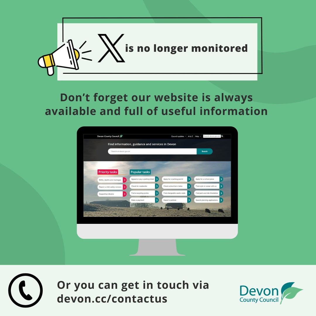 We're no longer active on X and our account is no longer monitored. Our website is full of useful info devon.gov.uk or you can get in touch via devon.cc/contactus You can stay tuned to our latest news by signing up to our weekly newsletter devon.cc/connectme