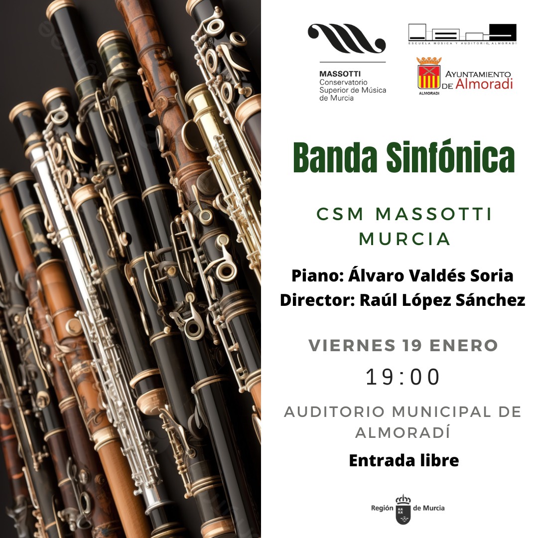 CSMMURCIA's tweet photo. Almoradí recibe el próximo a la Banda Sinfónica del CSMM para ofrecer un concierto bajo la dirección de Raúl López Sánchez.  19 de enero 19 horas Entrada libre https://t.co/HhWYCdYhKe