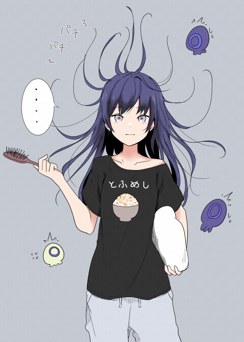 1girl messy hair shirt long hair black shirt holding ...  illustration images