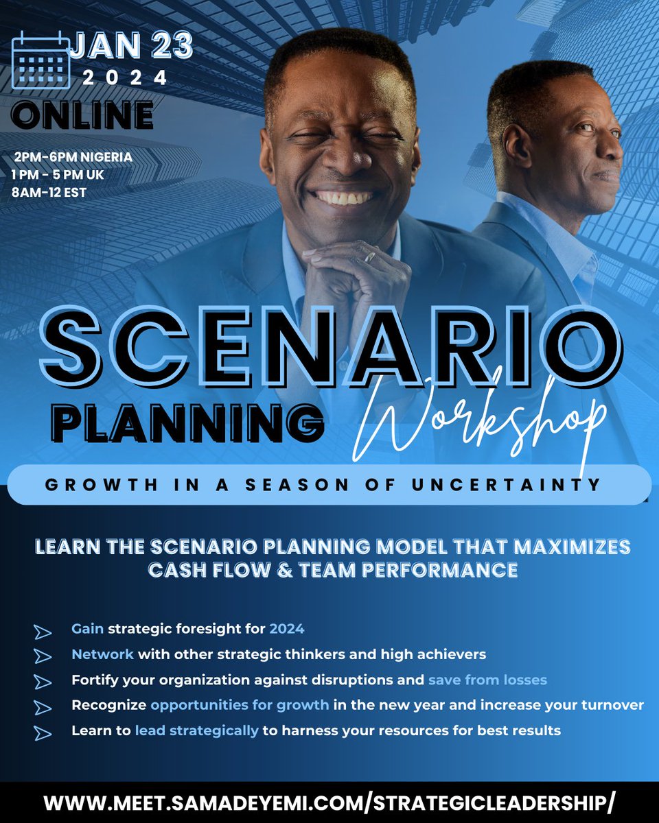 '🚀 Elevate Your Vision with Dr. Sam Adeyemi! Join us on Jan 23rd for an enlightening Scenario Planning Workshop. Master the art of strategic foresight and navigate the uncertainties of tomorrow with confidence. Link in bio👆️

#ScenarioPlanning #StrategicLeadership #Samadeyemi