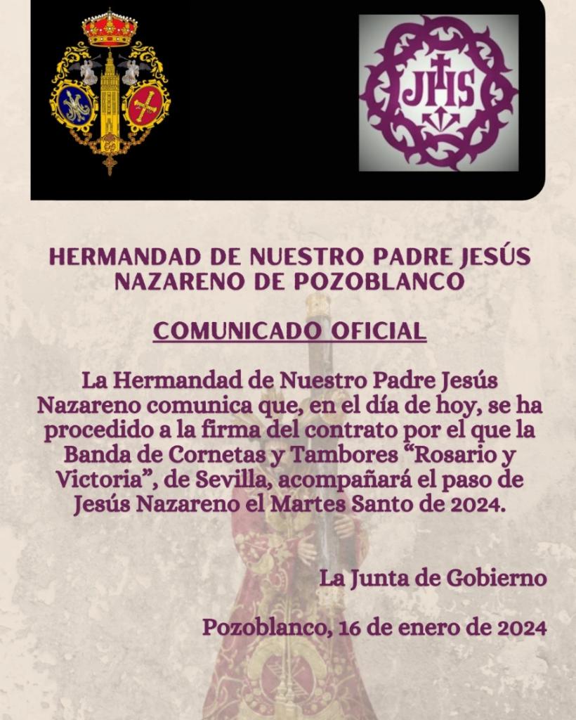 Comunicado oficial de la Hdad <a href="/JHSNazarenoPozo/">Nazareno Pozoblanco</a> #Pozoblanco <a href="/andaluciacof/">Andalucía Cofrade OC</a> <a href="/CCrucis/">Córdoba Crucis</a> <a href="/Gentedepaz/">Gente de Paz</a> <a href="/elllamadorcsr/">elllamadorcsr</a>  <a href="/CinguloyEsparto/">Cíngulo y Esparto</a> <a href="/ElCofradiero/">El Cofradiero</a> <a href="/CEsparto/">Cinturón de Esparto</a> <a href="/CoCofradiera/">Córdoba Cofradiera</a> <a href="/EsSemanaSanta/">SEMANA SANTA ESPAÑA 🇪🇸</a> <a href="/CofradiasAND/">ℂ𝕠𝕗𝕣𝕒𝕕𝕚𝕒𝕤 𝔻𝕖 𝔸𝕟𝕕𝕒𝕝𝕦𝕔í𝕒</a>  <a href="/SaetaCordobesa/">Saeta Cordobesa</a> <a href="/CirineoCordoba/">El Cirineo Córdoba</a> <a href="/cofrade09/">Córdoba Cofrade</a> @cofradiasde