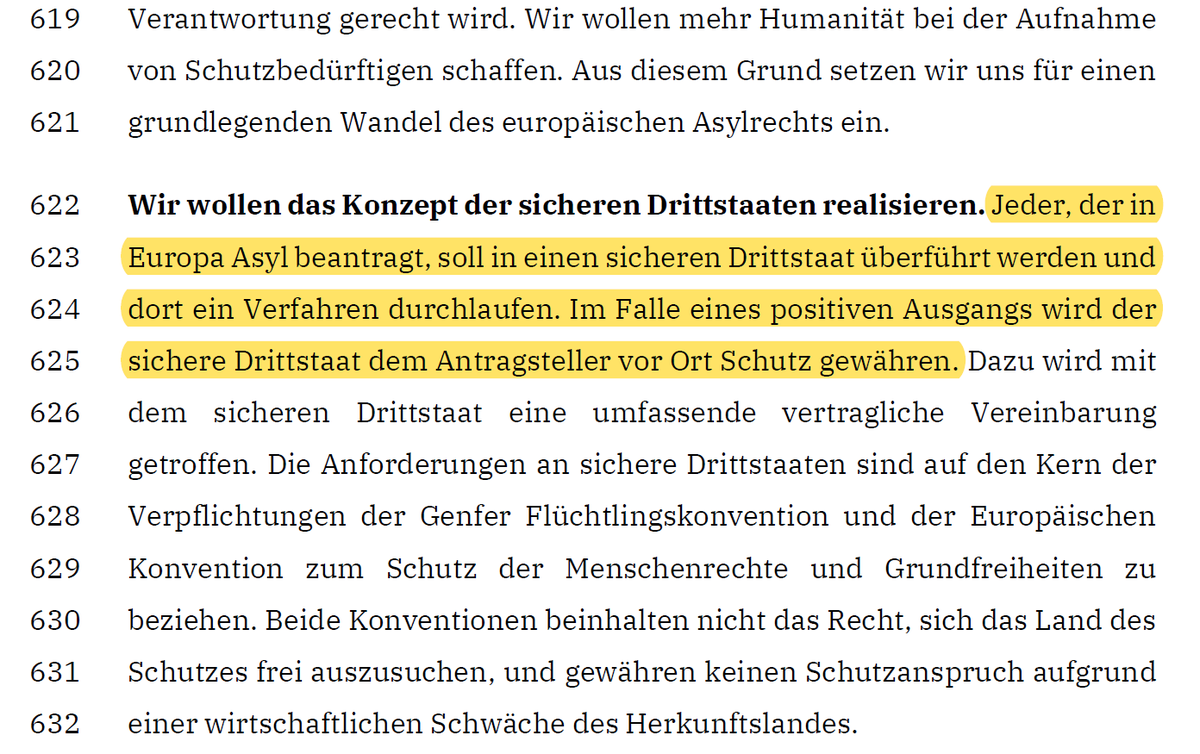 Der Entwurf für das neue CDU-Grundsatzprogramm sieht die VÖLLIGE Abschaffung des #Asylrecht|s in Deutschland vor, ALLE Asylsuchenden sollen in einen (ungenannten) Drittstaat abgeschoben werden und dort auch für immer bleiben. grundsatzprogramm-cdu.de