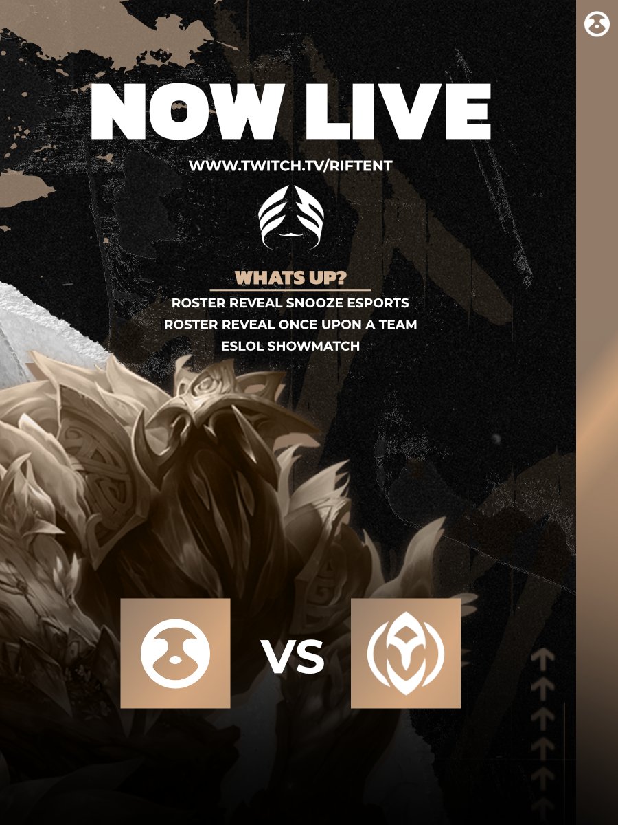 SNOOZE Esports (@snooze_esports) on Twitter photo 🟤𝗡𝗢𝗪 𝗟𝗜𝗩𝗘! 🦥
Tune in: twitch.tv/riftent
🟤🦥Roster Reveal <a href="/Snooze_Esports/">SNOOZE Esports</a>
🔴🤡Roster Reveal <a href="/ouat_lol/">Once Upon A Team</a>
🦥vs🤡<a href="/EliteSeriesLOL/">Orange Elite Series: League of Legends</a> Showmatch!
#SNZWIN #OUAT #ESLOL 🟤𝗡𝗢𝗪 𝗟𝗜𝗩𝗘! 🦥
Tune in: twitch.tv/riftent
🟤🦥Roster Reveal <a href="/Snooze_Esports/">SNOOZE Esports</a>
🔴🤡Roster Reveal <a href="/ouat_lol/">Once Upon A Team</a>
🦥vs🤡<a href="/EliteSeriesLOL/">Orange Elite Series: League of Legends</a> Showmatch!
#SNZWIN #OUAT #ESLOL