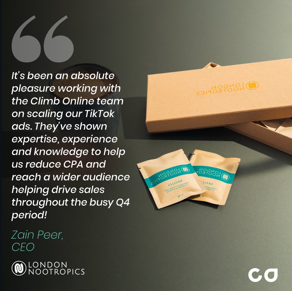 We are beyond thrilled to share a glowing testimonial from one of our valued clients, @london.nootropics about our TikTok advertising services. 

Want to see what we can do for your brand on TikTok? DM us to get in touch! 📈🚀

#ClimbOnline #DigitalMarketing #TikTokAds
