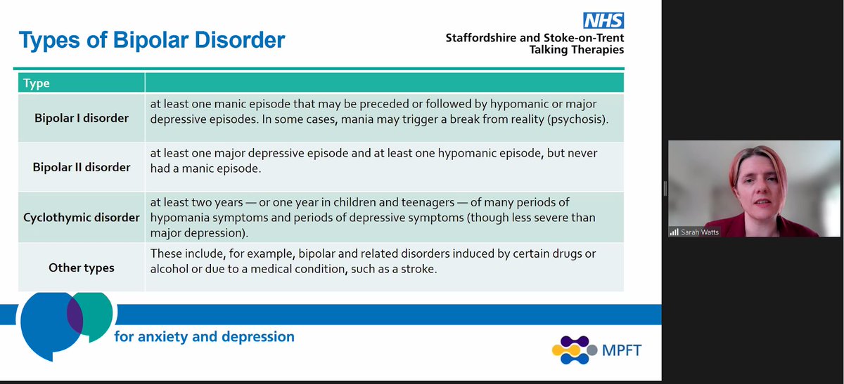 This morning we are delighted to be joined by Dr Sarah Watts @ClinLeadWBM who is delivering a 90-minute webinar on 'Assessing patients with presentations that LICBT practitioners are not trained to treat'.  We're currently looking at types of Bipolar Disorder #PWP #LICBT #TTad