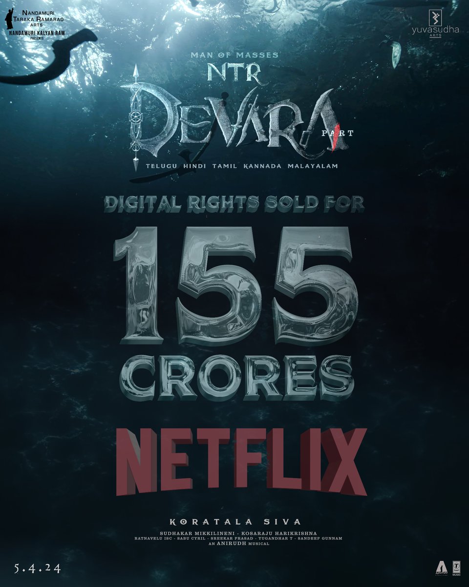 It's Official 🐯 #Devara - Part 1 All 5 Languages Digital Rights Sold For 155 Crores To @netflix 🔥 As Per Agreement, Gap Between Theatrical Release & OTT Release Will Be Minimum 56 DAYS. @tarak9999 @DevaraMovie #JrNTR #ManOfMassesNTR @NetflixIndia @Netflix_INSouth