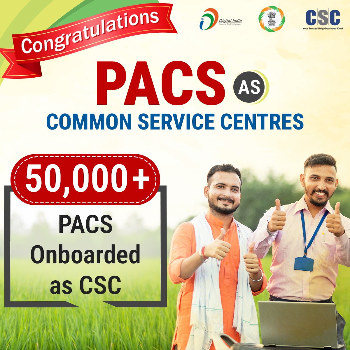 CscParivar's tweet photo. Congratulations!!
PACS as Common Service Centres...
With over 50,000 #PACS onboarded as CSC. It is boosting business activities & fostering self-reliance in the #rural communities.
#CSC #DigitalIndia #PACsAsCSC #SahakarSeSamriddhi #DigitalInclusion #FinancialInclusion https://t.co/1FxNJL7zbt
