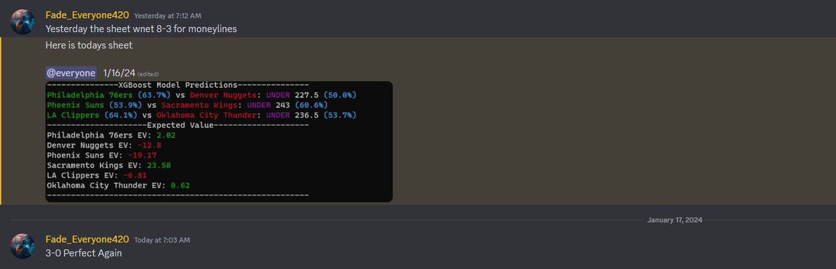 Fade_Everyone's tweet photo. π #FadeEveryone's AI moneyline sheet went a perfect 3-0 again!
π Join our Discord now for more exclusive insights. First 3 days FREE, then just $4.99/month. Don't miss out!
Join us here: https://t.co/IkLGVroFEK
#SportsBetting #NBAPicks #PerfectRecord #BetSmart #WinWithAI https://t.co/LlRrY23bRi
