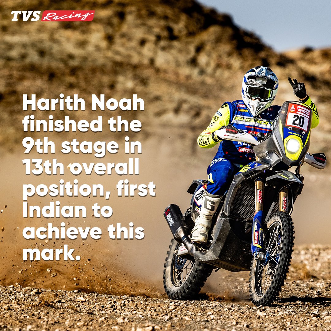 TVS_Racing's tweet photo. Milestone Alert: #HarithNoah sets a new benchmark as the first Indian rider to win a stage in the #DakarRally in Class 2. A historic moment for Indian motorsports.

#TVSRacing #TVS #Dakar2024 #HarithNoah #RallyRacing https://t.co/S2q5OzCD9T