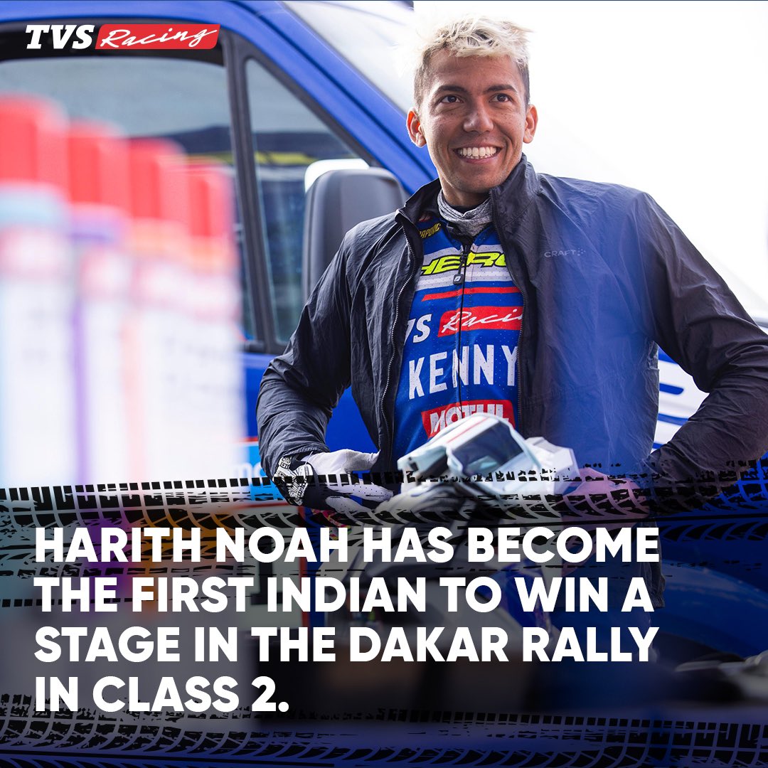 TVS_Racing's tweet photo. Milestone Alert: #HarithNoah sets a new benchmark as the first Indian rider to win a stage in the #DakarRally in Class 2. A historic moment for Indian motorsports.

#TVSRacing #TVS #Dakar2024 #HarithNoah #RallyRacing https://t.co/S2q5OzCD9T