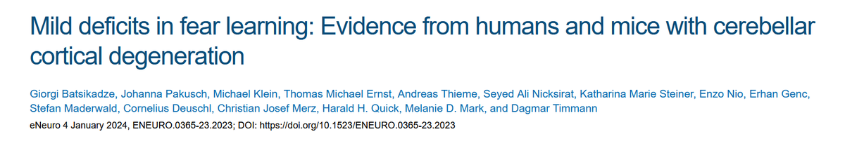 ➡️New Paper Out by ELH-PI Dagmar Timmann's research team! 🍾

"Mild deficits in fear learning: Evidence from humans and mice with cerebellar cortical degeneration"

Check it out here - eneuro.org/content/early/…