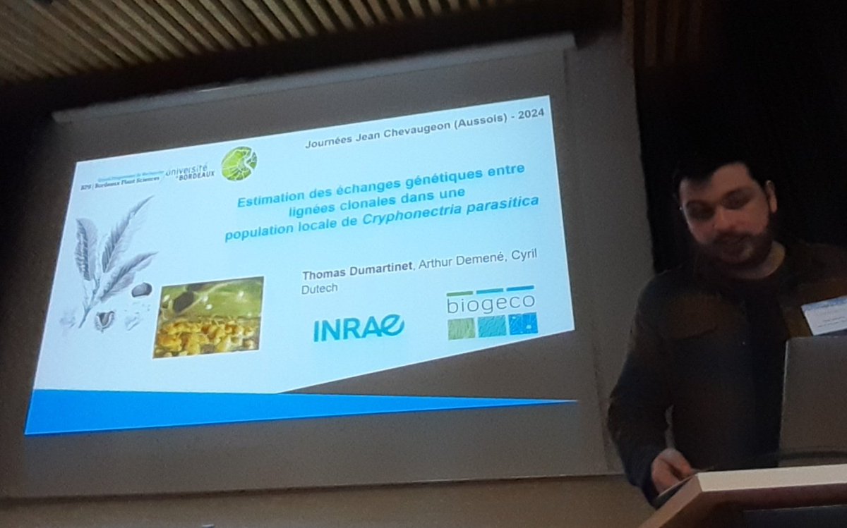 "Estimation des échanges génétiques entre lignées clonales dans une population locale de #Cryphonectria parasitica" par Thomas Dumartinet @INRAE_BIOGECO #JJC2024 #Aussois