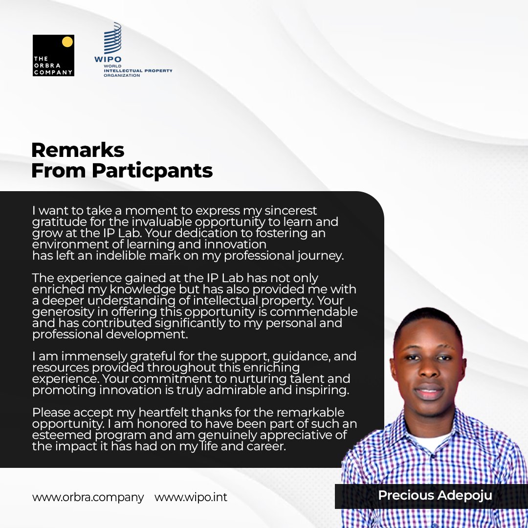 Theorbracompany's tweet image. Participants&apos; feedback- World Intellectual Property Organization – WIPO IP LABS Incubation and Acceleration Program 2023

#orbracompany #worldintellectualpropertyorganization #wipoiplabs2023 #intellectualproperty #innovation #startups #pitchcompetition #invention