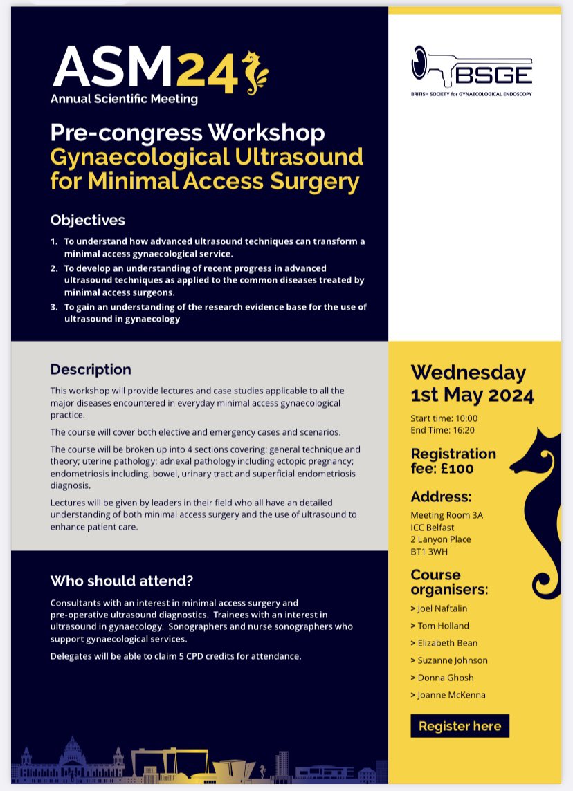 Interested in using ultrasound to augment your surgery or just want to learn more about gynae US? Please come to our BSGE Pre-Congress course. Useful for surgeons, sonographers, trainees and nurses tinyurl.com/4v562548 @TheBSGE @GynaecologyUS @JOGSIreland @BeanElisabeth