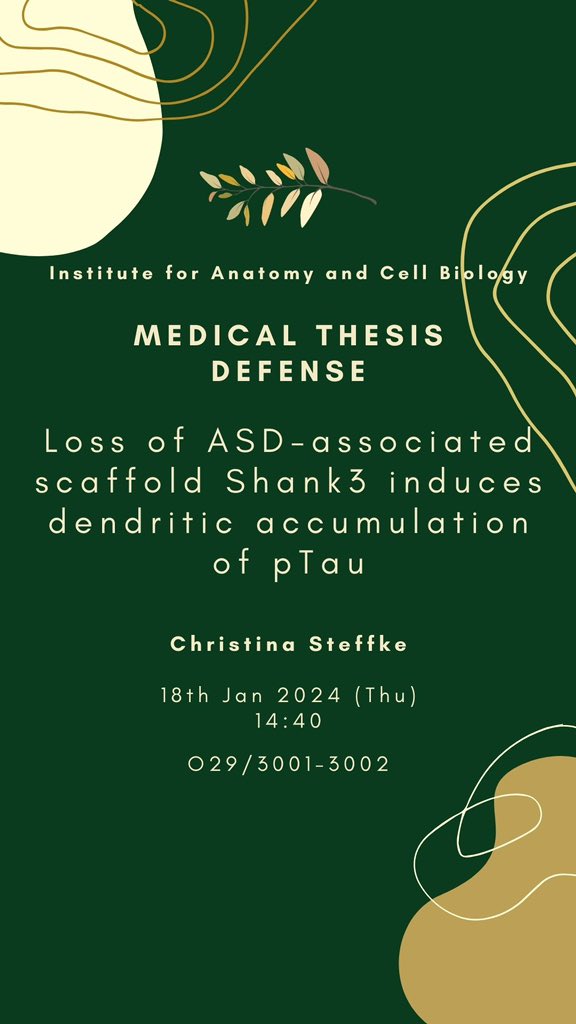 📣Exciting announcement! First defense of the year 2024! Join us in celebrating a major milestone as Christina Steffke defends her medical thesis.

📅 Date: 18th, Jan, 2024

⏰ Time: 14:40

📍 Location: O29 RAUM3001/02

#defense  #neuroscience #anatomy #SHANK3