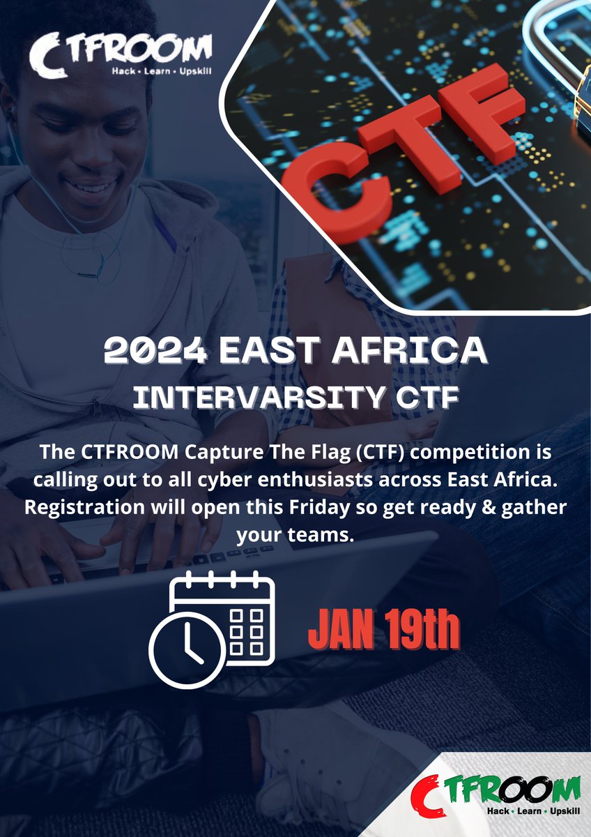 Assemble your cyber teams as the intervarsity CTF is back! Featuring 30+ universities from East Africa and 5+ partners. Join us for 3 months of hacking, collaboration, research & innovation. Team registrations open on Friday, 19th of Jan 2024. Get ready to claim your spot. #CTF