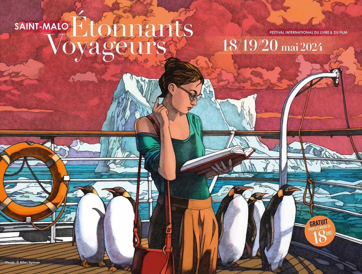 ⚓ Découvrez l'affiche de la 34e édition d'Étonnants Voyageurs ! ✨ @miles_hyman signe de nouveau un visuel onirique qui invite au voyage, nos imaginaires à la barre 🌊 Rdv à @VilleSaintMalo du 18 au 20 mai 2024 ! #EV2024