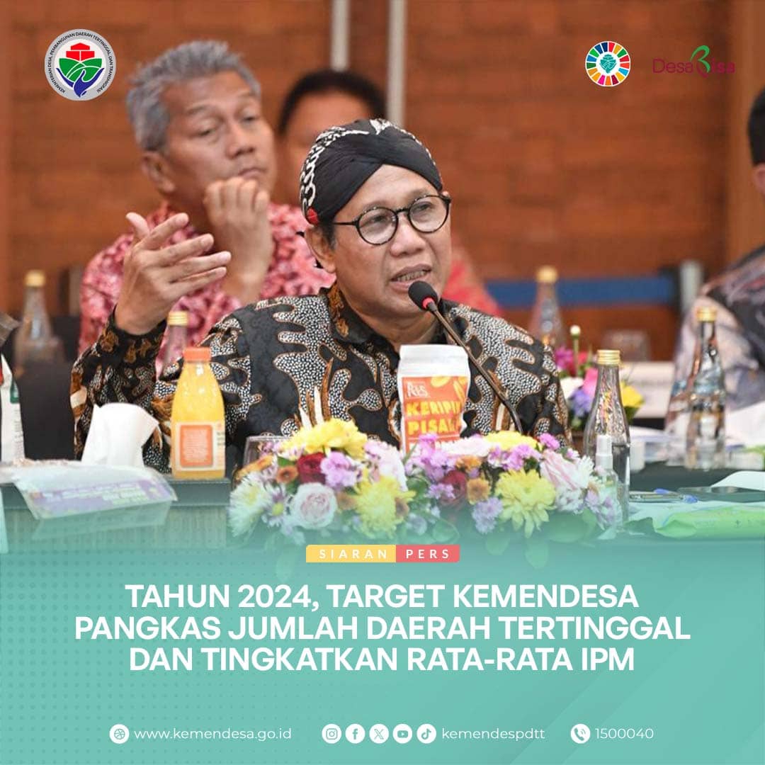 KemendesPDTT menetapkan sejumlah target yg akan dicapai selama tahun anggaran 2024.

Salah satunya mengurangi jumlah daerah yg masih tertinggal dan meningkatkan nilai rata-rata Indeks Pembangunan Manusia (IPM) hingga mencapai 62,2 %.

Selengkapnya di kemendesa.go.id/berita