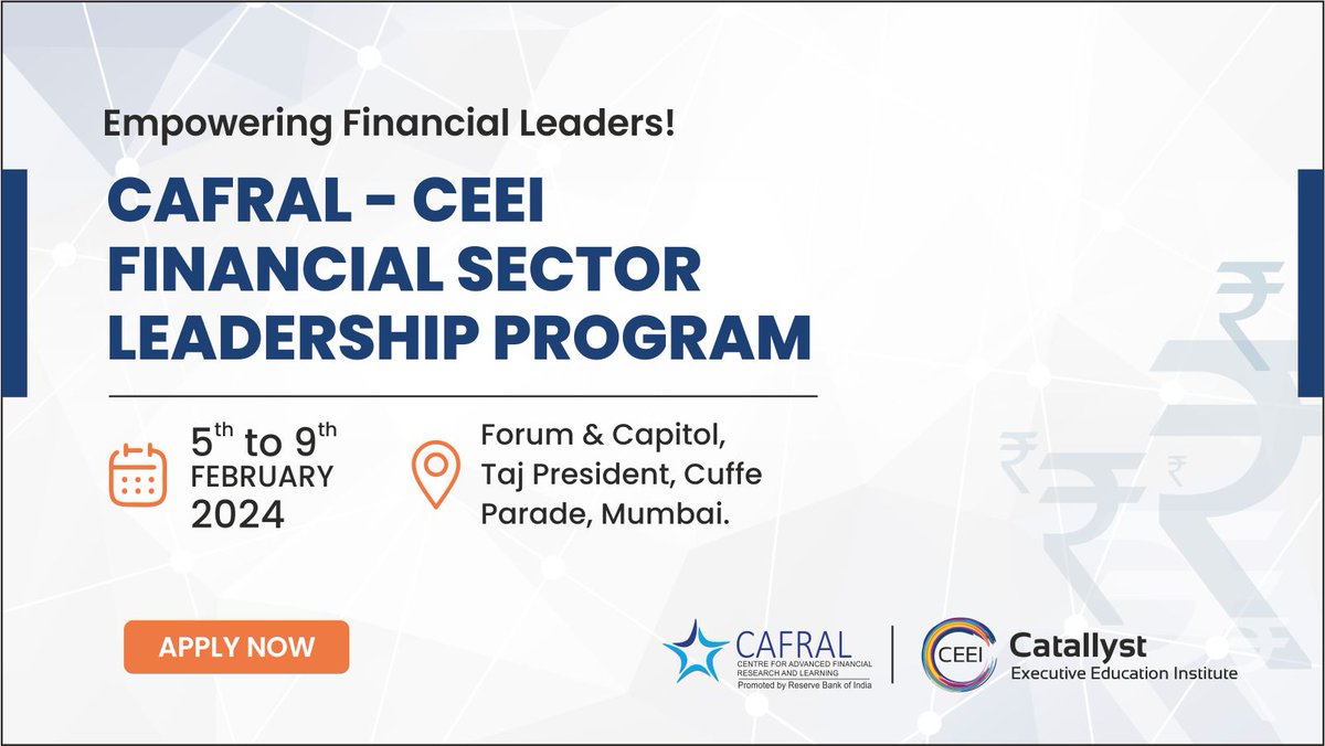 theceei's tweet photo. CAFRAL-CEEI Financial Sector Leadership Program
Date: 5th to 9th February 2024
Location: Taj President, Cuffe Parade, Mumbai
A transformative leadership experience meticulously crafted for senior and middle management leaders
Visit: https://t.co/FY2tXWNhnr
#CAFRAL #RBI #CEEI https://t.co/yHFCGC7o0g