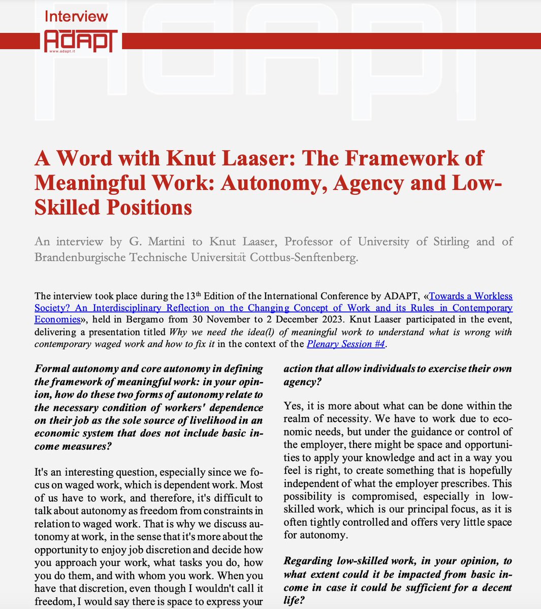 ADAPT_bulletin's tweet photo. A Word with @kg_laaser: The Framework of Meaningful Work: Autonomy, Agency & Low-Skilled Positions - an interview by @martinigiorgia8 carried out during the #ADAPTConference2023
https://t.co/QIhqgtqHJq
#staytuned for the release of the interview in Italian for @bollettinoADAPT https://t.co/Q863hMcCMe