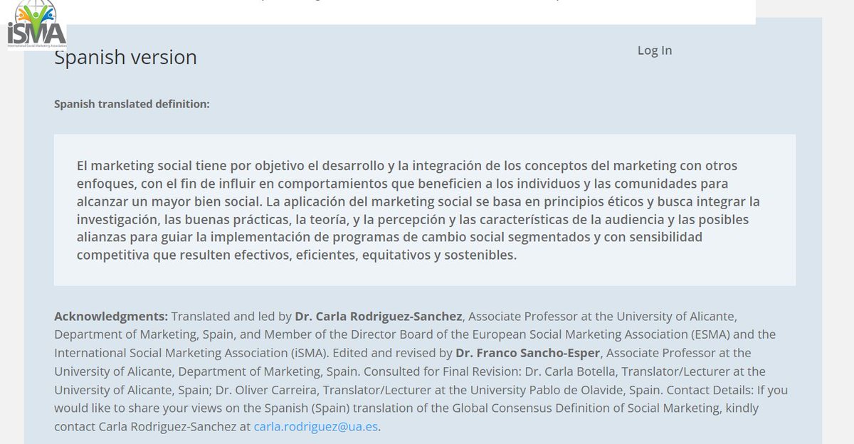 📢New Spanish-translated definition of the Global Consensus Definition of Social Marketing led by Prof. @CarlaRod_UA

This translation marks a 🔝 step in making #socmar principles&practices more accessible to Spanish-speaking professionals& academics
Info: bit.ly/3H2XkN9