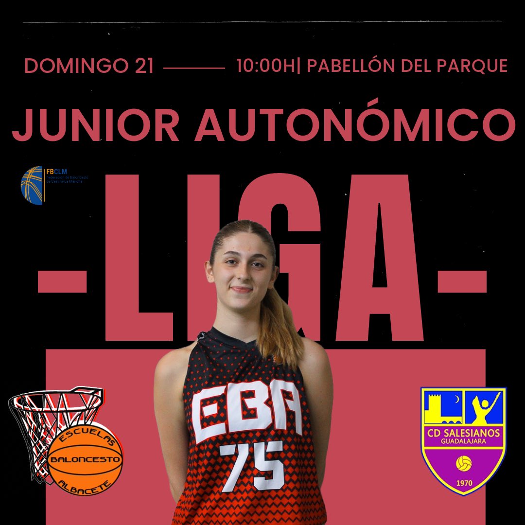 EBA_Albacete's tweet photo. 🏀Partidos junior
#JunFem
🆚 @basketsales
📅 Domingo 21
⏱️10:00h
🏟️ Pabellón del parque
#JunZonal
🆚 @BGQUINTANAR
📆 Sábado 20
⏱️ 12:15h
🏟️ Quintanar
#JunAutMasc
🆚 @BASKETCERVANTES
📆 Domingo 21
⏱️18:00h
🏟️ Ciudad Real
🖤❤️#masebaquenunca https://t.co/eRM0e97WOD
