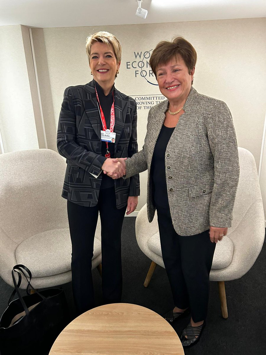 Great conversation with Switzerland's Minister of Finance, Karin Keller-Sutter <a href="/efd_dff/">EFD_DFF</a> at #WEF24 on global economic and financial issues. Many thanks to 🇨🇭 for its leadership and support to the IMF's activities, including the Resilience and Sustainability Trust.