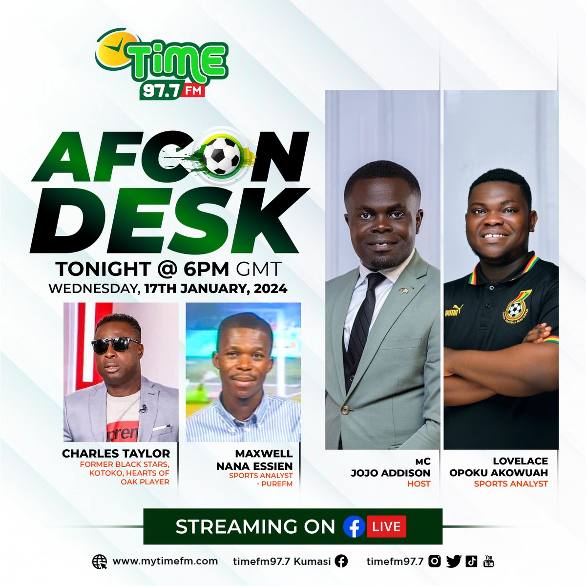 TimeFM977's tweet photo. Tonight on Afcon desk, 
 Host :
@MCjojo_1
Analyst:
@kofipoku_

#Timesports #Afcondesk #Ivorycoast #afcon2023onstartimes  #AFCON2024 #kudus #ChrisHughtonOut https://t.co/hyqxZukRLP