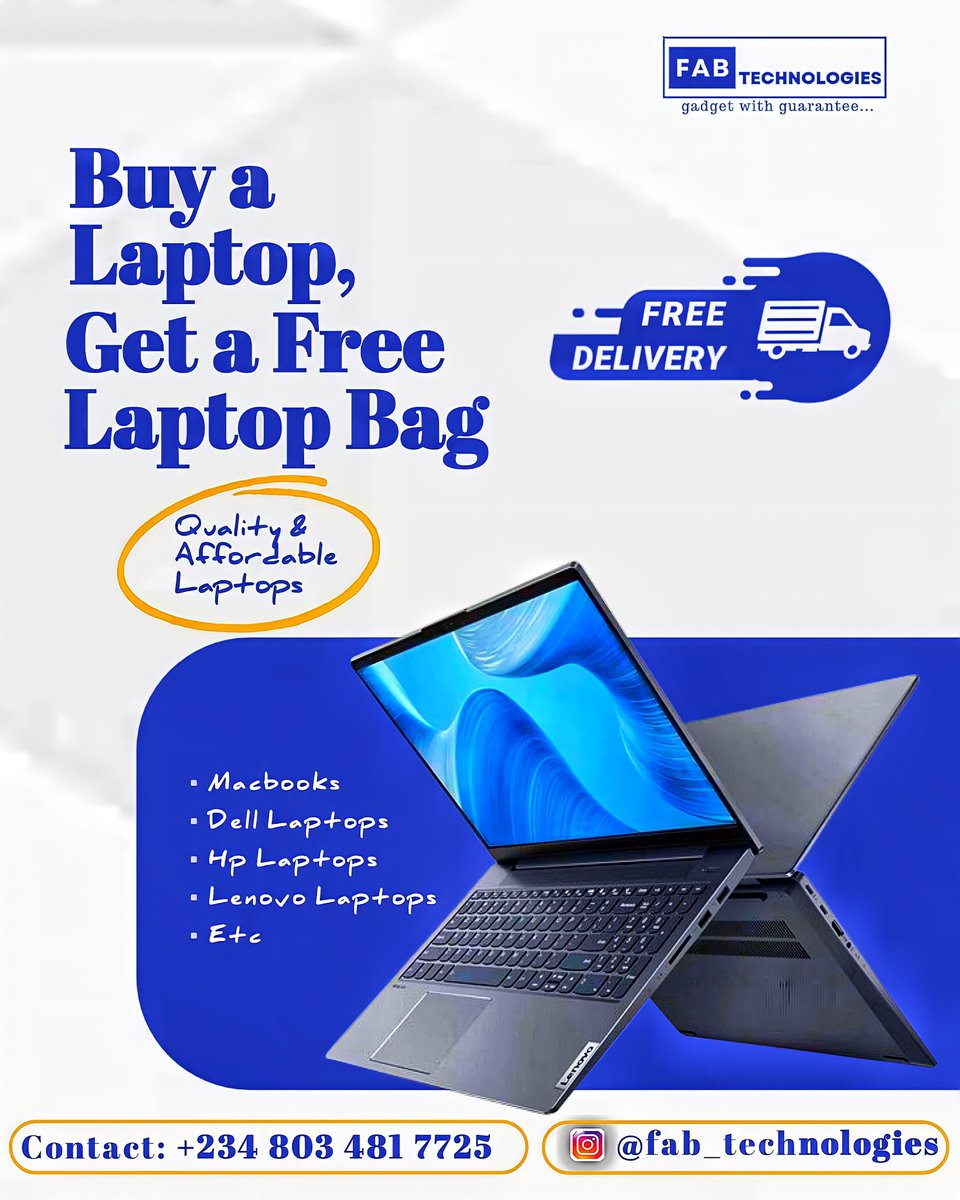 Fab_Tech_'s tweet image. ✅ Affordable and quality laptops
✅ Free Delivery Nationwide 🇳🇬 
✅ Free Laptop Bags 

Macbook, HP, Dell, Lenovo, etc.
All our Laptops come with a warranty!

Slide into our DM to place an order today!
Call/Whatsapp: 08034817725