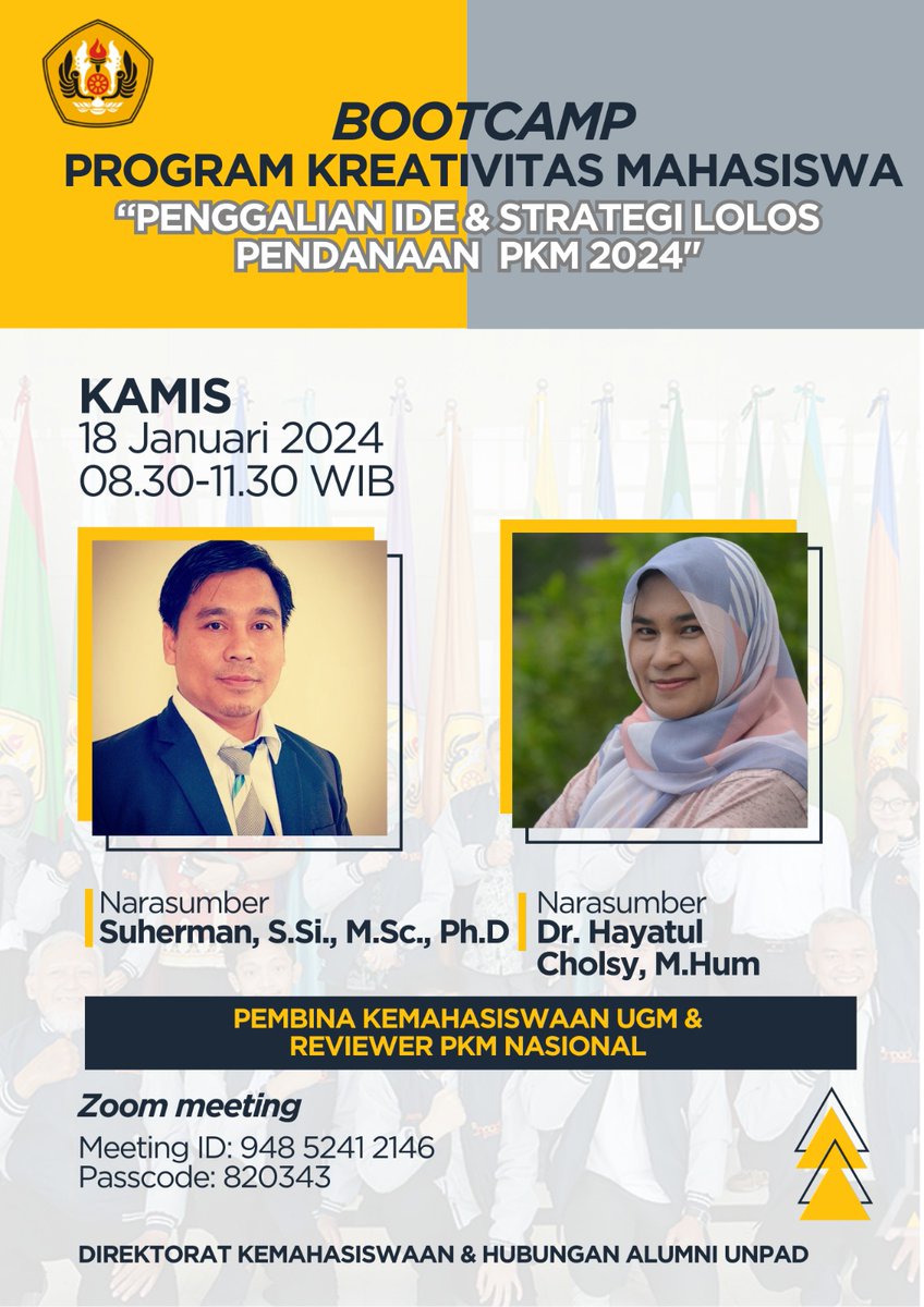 unpad's tweet photo. Bootcamp penyusunan proposal PKM Universitas Padjadjaran 2024 Tahap 2
"Penggalian Ide &amp; Strategi Lolos Pendanaan PKM 2024"

🗓 Kamis, 18 Januari 2024
⏰️ 08.30 s.d. 11.30 WIB
💻 Zoom Meeting
Meeting ID: 948 5241 2146
Passcode: 820343

Sampai jumpa di bootcamp tahap 2! https://t.co/9ptfOc1OBC