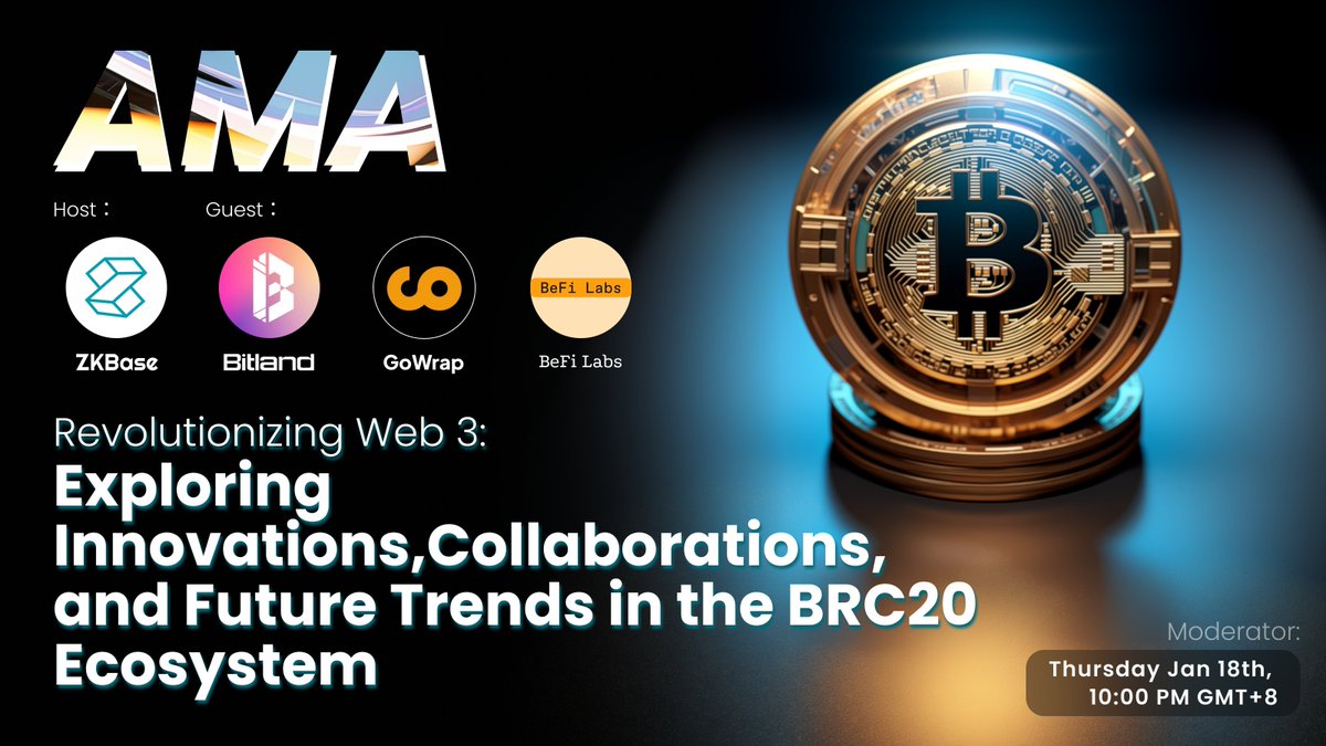 ZKBaseOfficial's tweet photo. 🔥It's #AMA Time

📷Join #ZKBase Discussion "Revolutionizing Web 3: Exploring Innovations, Collaborations, and Future Trends in the BRC20 Ecosystem"

Hosting an AMA with @GoWrap_xyz , @BefiLabs and @Bitland_zone 

💥Venue: https://t.co/q4Q7iKY9ZI

Mark Your Calendars
Date: Jan 18th 10:00 PM GMT 8📅