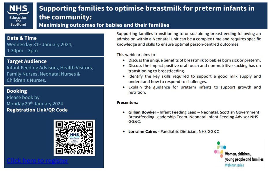 📢Upcoming Webinar:  Supporting families to optimise breastmilk for preterm infants in the community. Maximising outcomes for babies and their families.  Wednesday 31st January  
👉Register here: forms.office.com/e/KayREXab7Q