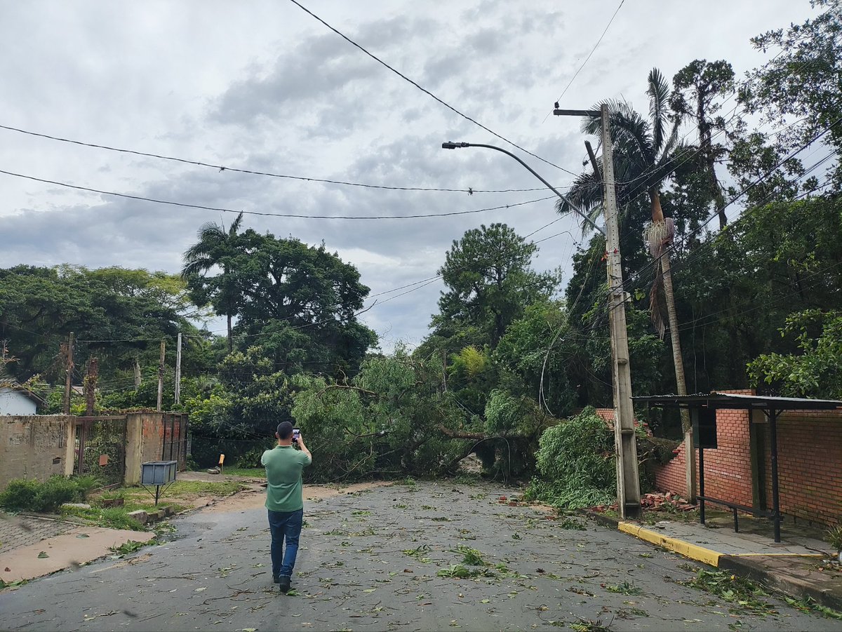 maicon_bock's tweet photo. No bairro Ponta Grossa, na zona rural de Porto Alegre, dezenas de árvores caídas. Na foto, estrada Retiro da Ponta Grossa, 5500. Carros de passeio passam pela calçada no trecho. Fios no chão. @CEEE_Equatorial @cbmrs193 @RdGuaibaOficial @RdGaucha https://t.co/MNrUlpzrNn