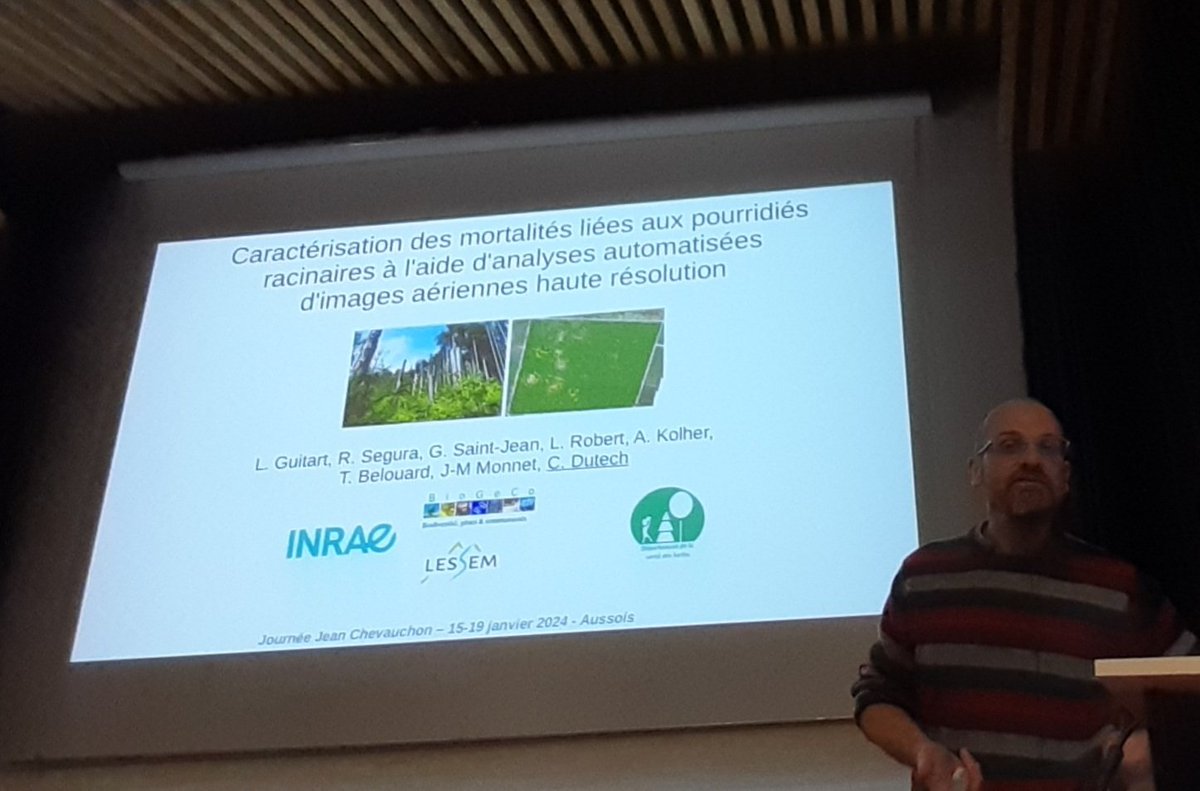 "Suivi de la dynamique des populations des pourridiés racinaires de résineux par photographies aériennes de haute résolution obtenues par drone" par Cyril Dutech @INRAE_BIOGECO #JJC2024 #Aussois