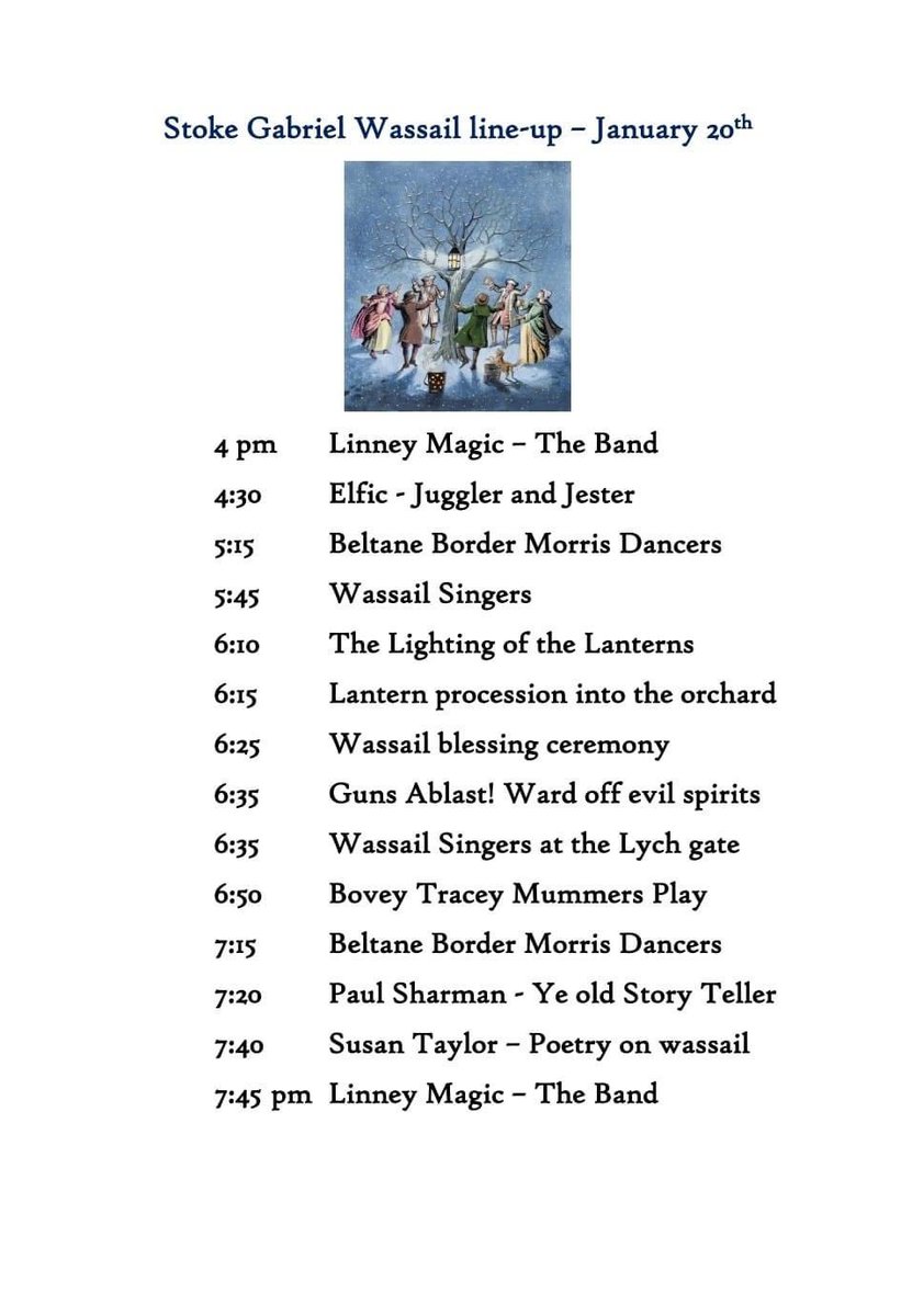 Here we coming a wassailing! Here’s the plan for Saturday night in Stoke Gabriel, don’t be late! Suggested donations of £5 per adult and £2.50 per child on the gate please.