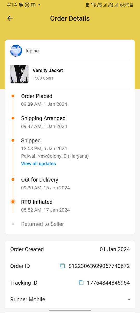 NewCollaction's tweet photo. @delhivery sir mara ek order tha jo maine 1jan ko order kiya tha jo 14 jan ko mare home town pahuch gaya yha par mujhe roj kal ka bol kar aaj RTO kar diya mare ph karne par ab ph nahi utha rahe aur n ahi koi baat kar rahe hai please help me https://t.co/pd4kgp4UlD