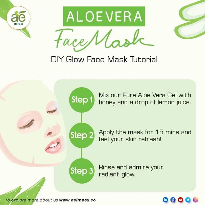 Get a Radiant Glow with AE Impex! 🌟 

Dive into our DIY Glow Face Mask Tutorial featuring our Pure Aloe Vera Gel.

Step 1: Blend with honey and a drop of lemon juice. 

Step 2: Apply for 15 mins for skin-refreshing magic. 

#Skincare #AEImpex #RadiantGlow #DIYBeauty